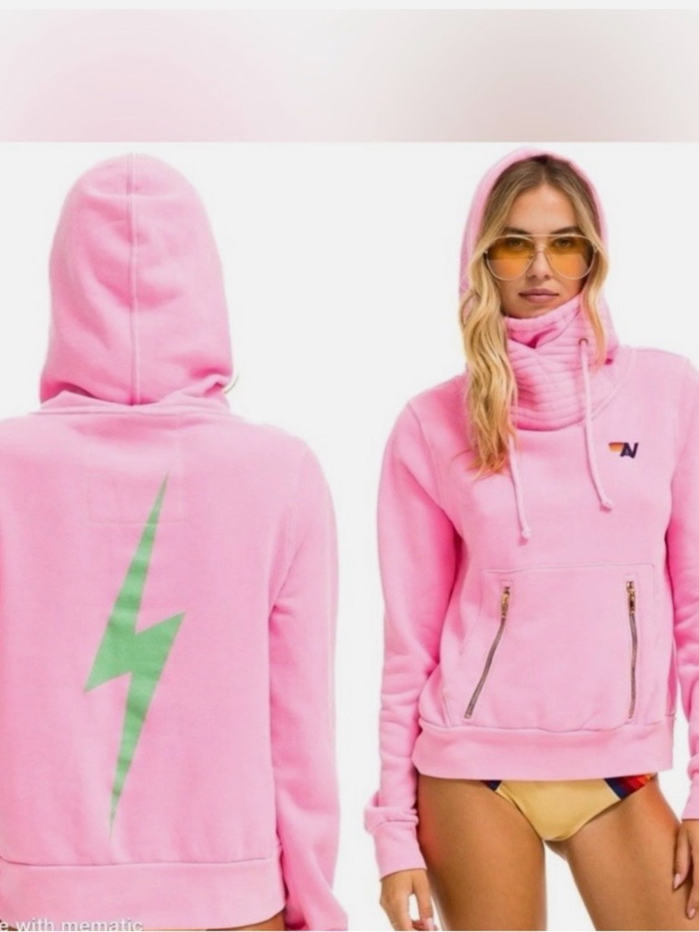 Aviator Nation Pink Cowl Hoodie with Green Lightning Back Graphic